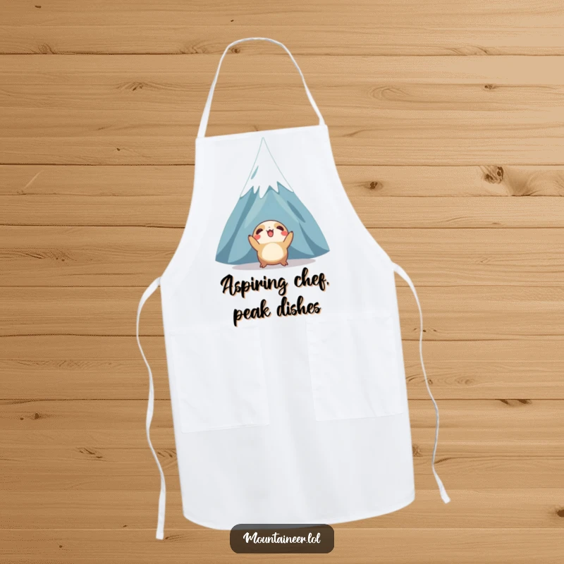 Funny apron depicting a creature gazing up at a snow-capped mountain peak, designed for kitchen protection with a humorous, inspirational style.