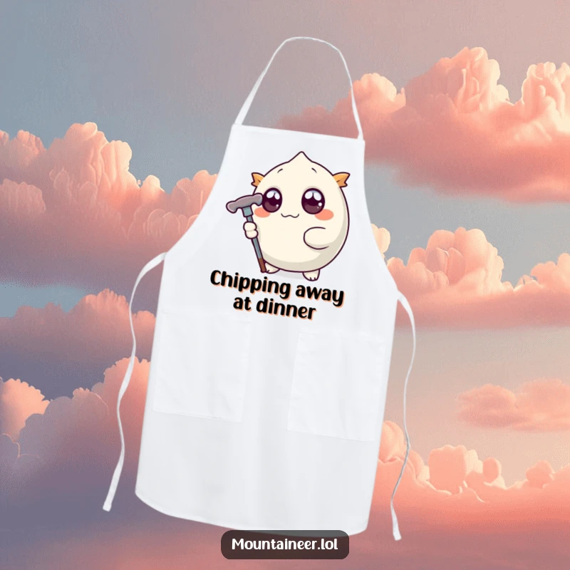 Funny apron showcasing a round creature with wide eyes, holding a stylized ice pick, designed for kitchen protection with a humorous, bold style.