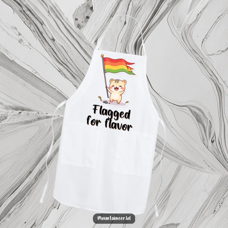 Funny apron depicting a small, energetic creature joyfully planting a colorful flag, designed for kitchen protection with a humorous, celebratory style.