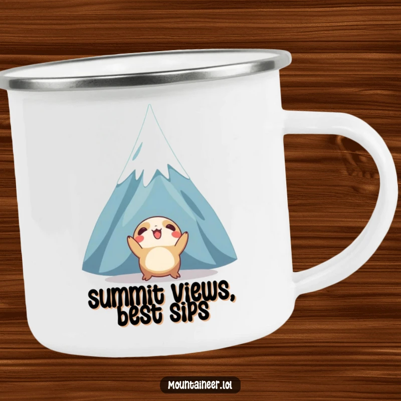 Funny camping mug showing a creature enthusiastically gazing up at a snow-capped mountain peak, designed for outdoor use with a humorous, inspirational theme.