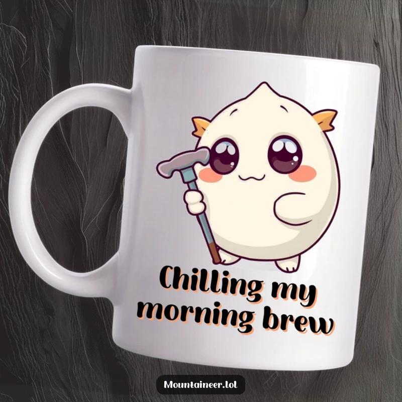 Funny mug showcasing a round, wide-eyed creature determinedly grasping a stylized ice pick, ready for chilly adventures and icy tasks.