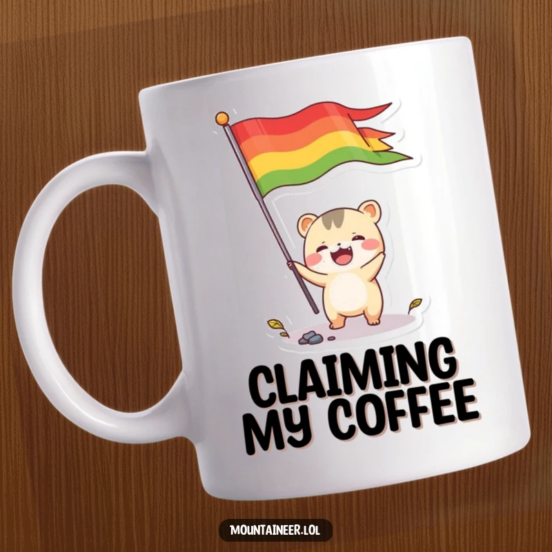 Funny mug showing a small, energetic creature with a happy expression, joyfully planting a colorful flag into the ground.