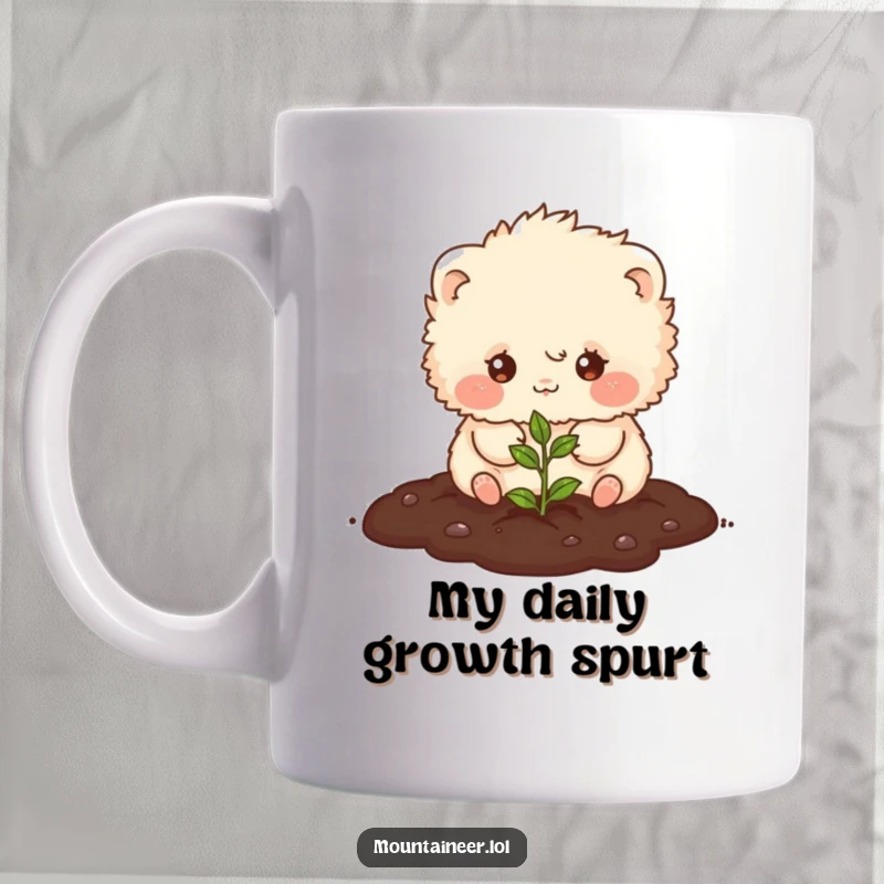 Funny mug featuring a small, fluffy creature with a cheerful expression, happily planting a tiny seed in rich soil, symbolizing growth and joy.