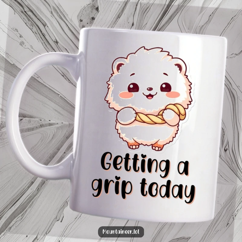 Funny mug showing a fluffy creature with a wide, cheerful grin, holding a coiled rope, ready for playful escapades and fun.