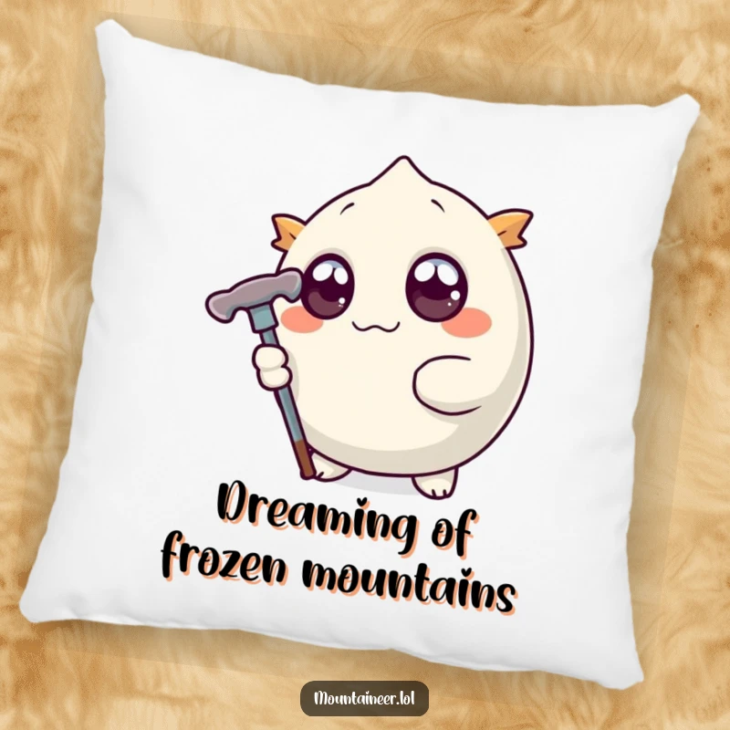 Funny pillow featuring a round creature with wide, expressive eyes holding a stylized ice pick, designed for comfort and humorous appeal.
