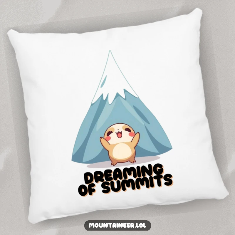 Funny pillow featuring a creature looking up enthusiastically at a snow-capped mountain peak, designed for comfort and humorous, inspirational appeal.