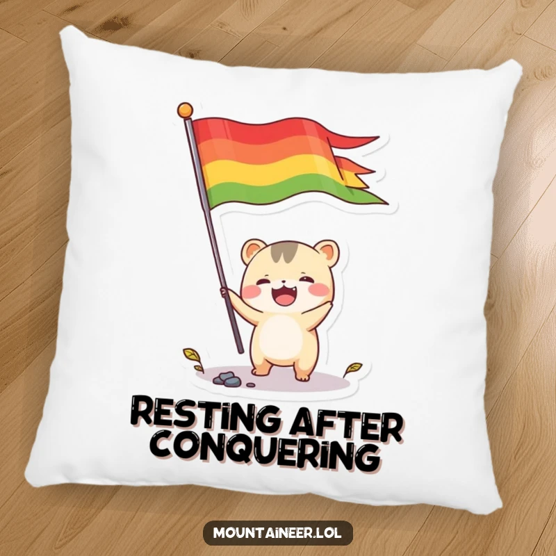 Funny pillow featuring a small, energetic creature joyfully planting a colorful flag, designed for comfort and humorous, celebratory appeal.