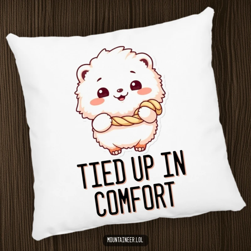 Funny pillow featuring a fluffy creature with a cheerful grin holding a coiled rope, designed for comfort and humorous appeal.