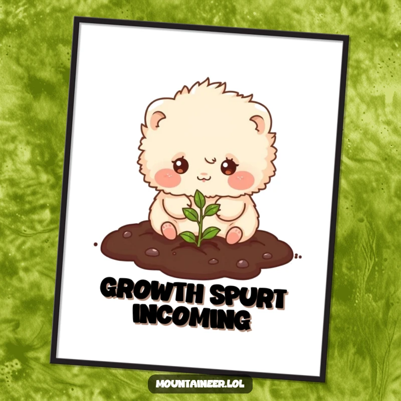 Funny digital art print of a small, fluffy creature happily planting a tiny seed in soil, perfect for instant, joyful home decoration.