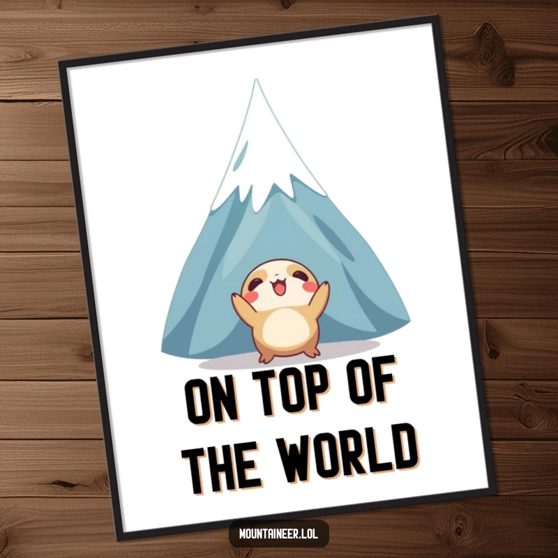 Funny digital art print of a creature enthusiastically gazing up at a towering, snow-capped mountain, perfect for instant, humorous wall decor.