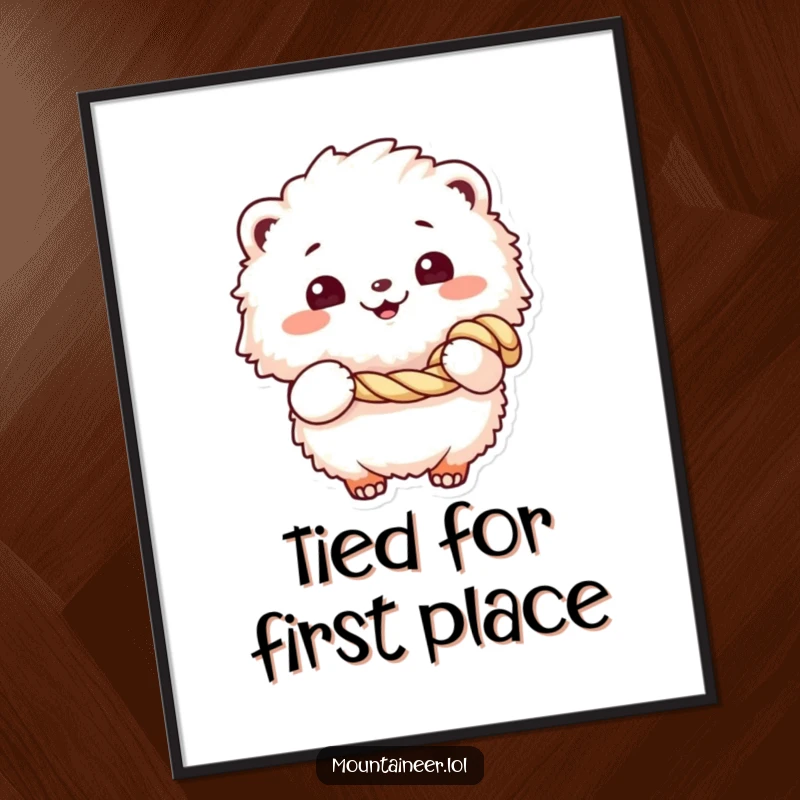 Funny digital art print of a fluffy creature with a cheerful grin holding a coiled rope, perfect for instant, humorous wall decor.