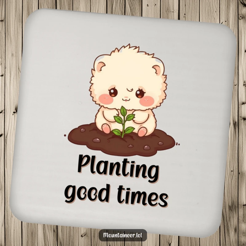 Funny drink coaster featuring a small, fluffy creature planting a seed, protecting surfaces with adorable and humorous garden-themed art.