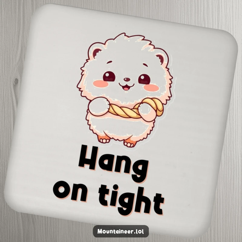 Funny drink coaster featuring a fluffy creature with a cheerful grin holding a coiled rope, protecting surfaces with adorable, humorous charm.