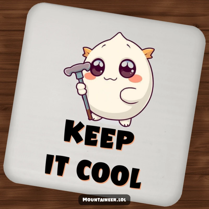 Funny drink coaster featuring a round creature with wide eyes holding a stylized ice pick, protecting surfaces with adorable, humorous determination.