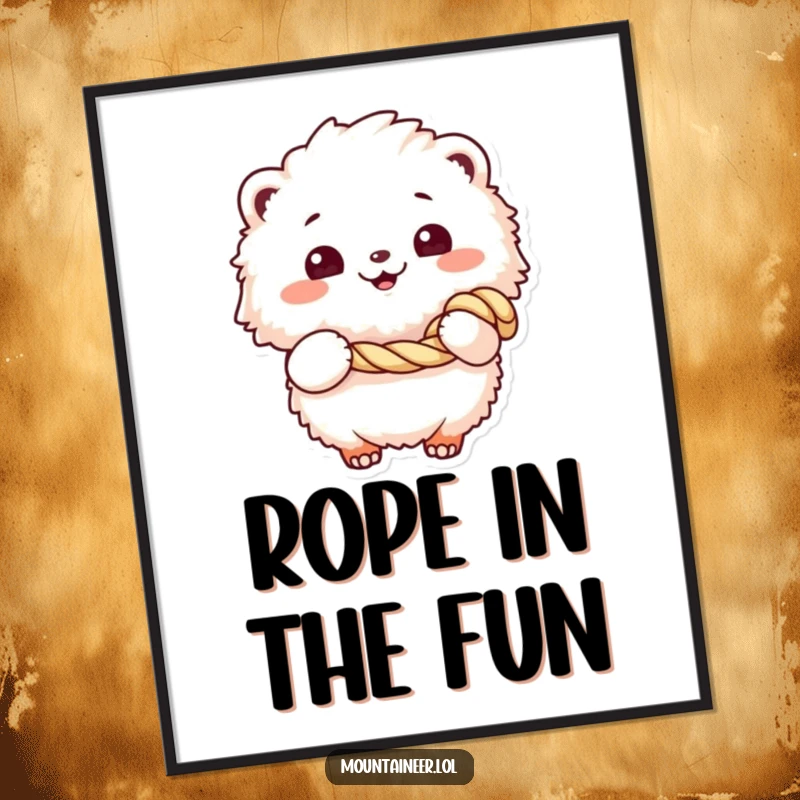 Funny poster art of a fluffy creature with a wide, cheerful grin, holding a coiled rope, perfect for adding humor and charm to any wall.
