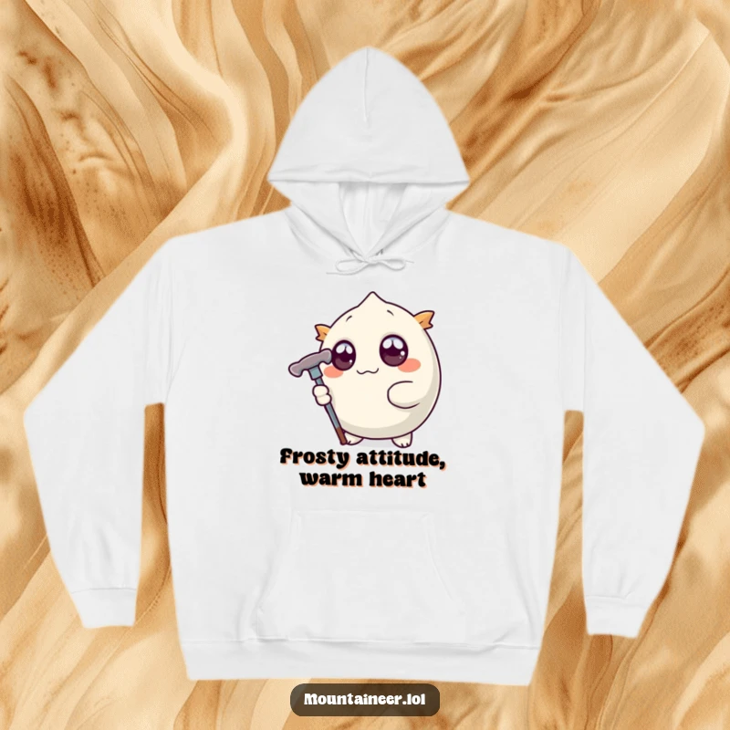 Funny hoodie depicting a round creature with large, expressive eyes, clutching a sturdy ice pick, ready for any frosty expedition.
