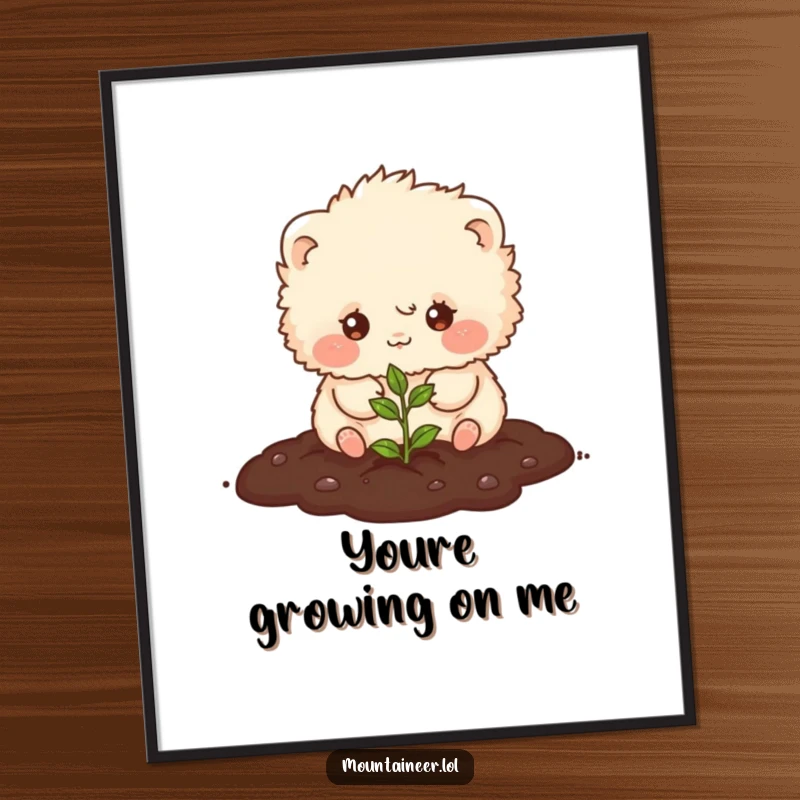 Funny Free Printable Wall Art: A happy, fluffy creature planting a tiny seed in soil, adding a cheerful vibe.