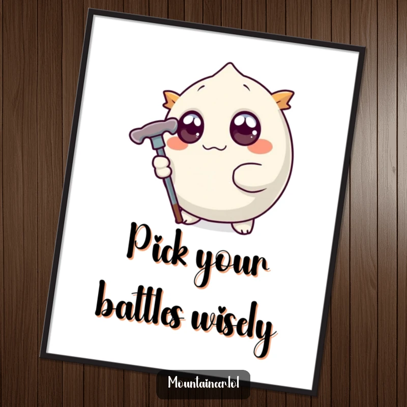 Funny Free Printable Wall Art: A round creature with wide eyes firmly grasping a stylized ice pick, ready for adventure.