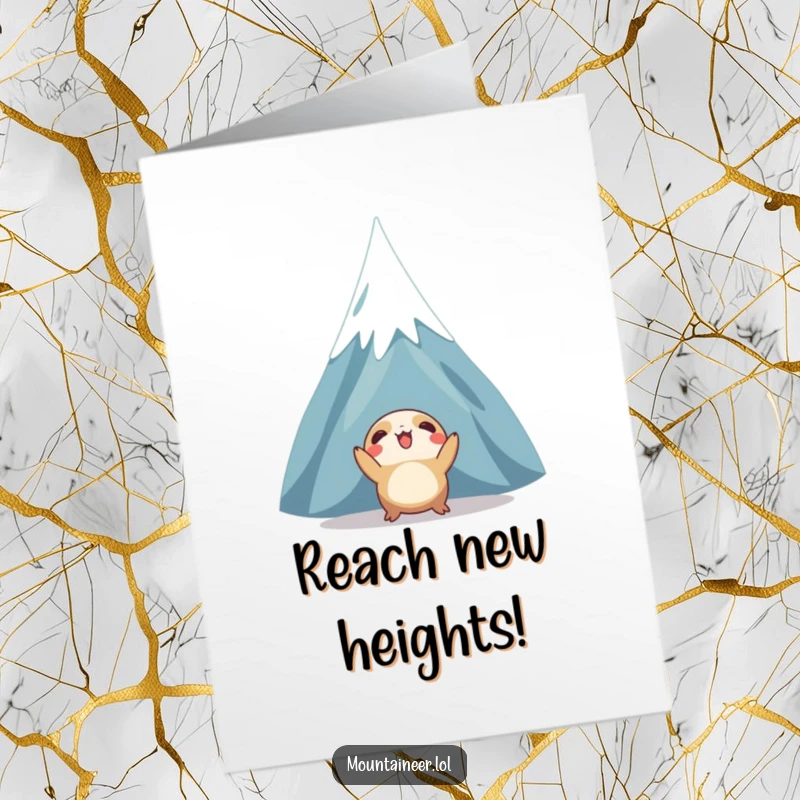 Funny Free Printable Birthday Card featuring a creature gazing up at a snowy peak, celebrating reaching new heights.