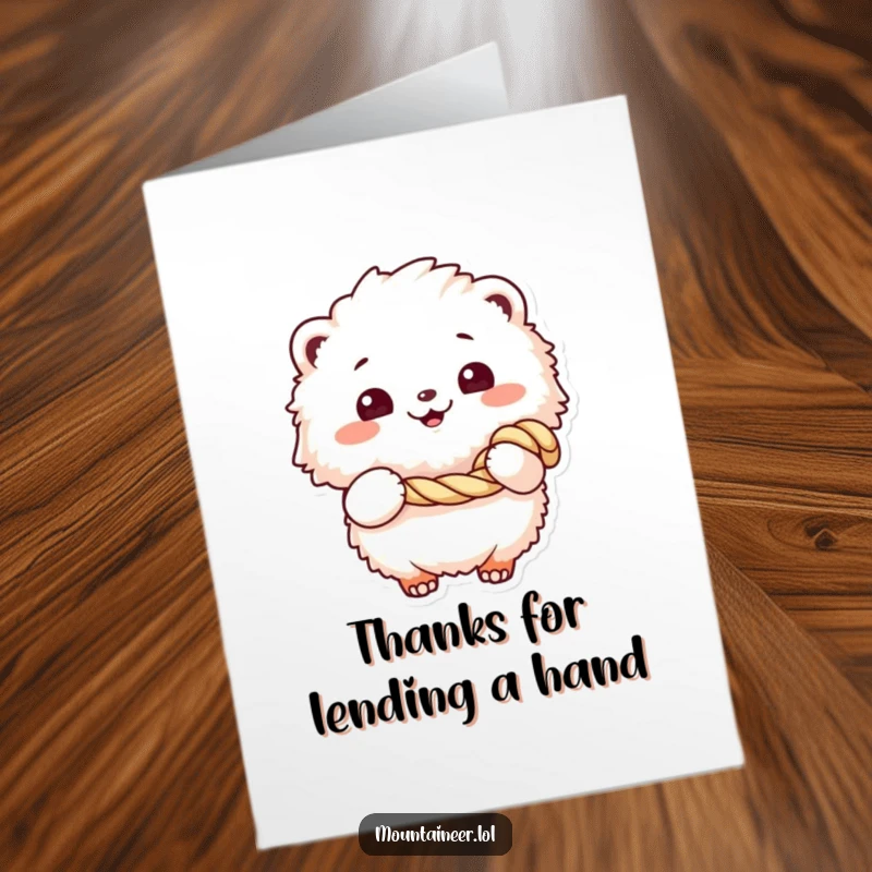 Funny Free Printable Thank You Card: A happy fluffy creature holding a coiled rope, ready to express thanks with a smile.