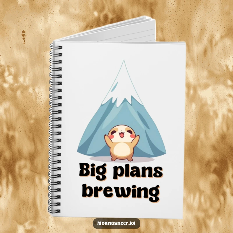 Funny notebook featuring a creature enthusiastically gazing up at a towering, snow-capped mountain, ideal for jotting down plans with a humorous edge.
