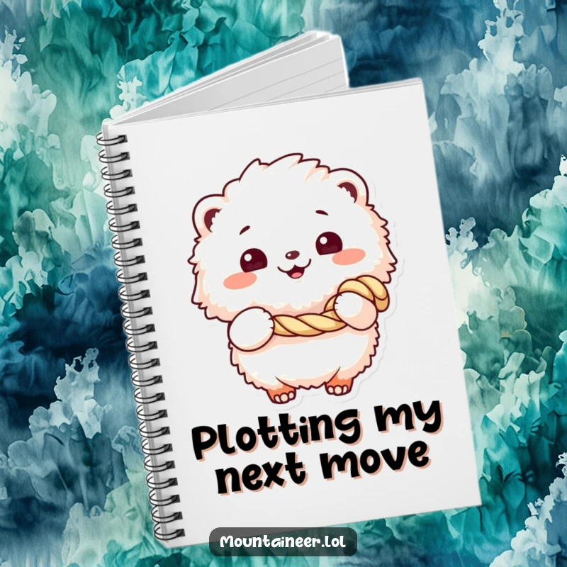 Funny notebook featuring a fluffy creature with a cheerful grin holding a coiled rope, ideal for jotting down notes with a humorous, adventurous edge.