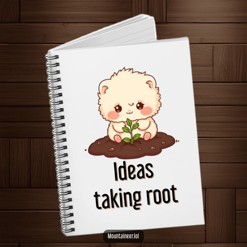 Funny notebook featuring a small, fluffy creature planting a tiny seed, providing a cheerful and humorous space for writing and sketching.