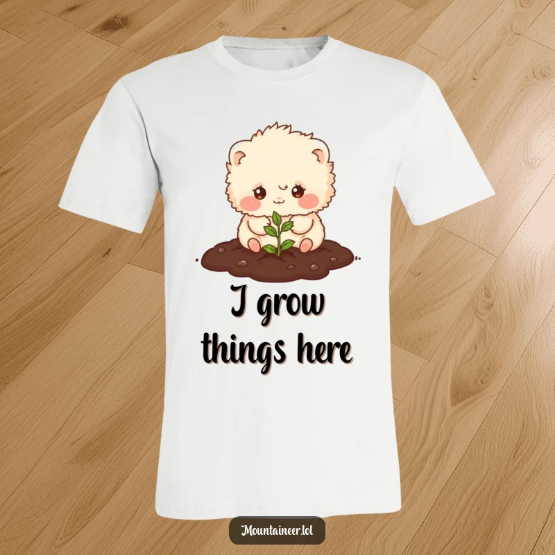 Funny t-shirt with a small, fluffy creature joyfully planting a tiny seed in soil, radiating happiness and a love for nature.