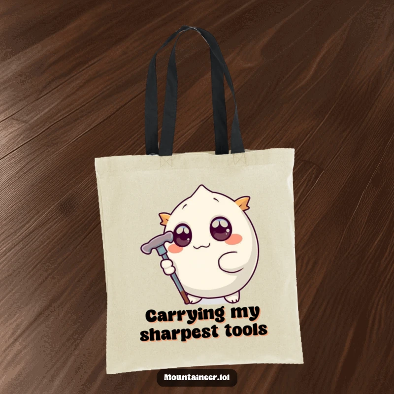 Funny tote bag featuring a round, wide-eyed creature holding a stylized ice pick, perfect for carrying essentials with a humorous, adventurous flair.