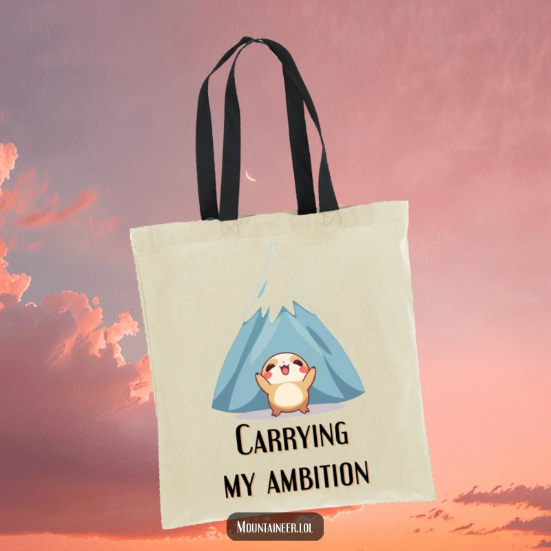 Funny tote bag featuring a creature gazing up at a towering, snow-capped peak, ideal for carrying essentials with a humorous, adventurous flair.